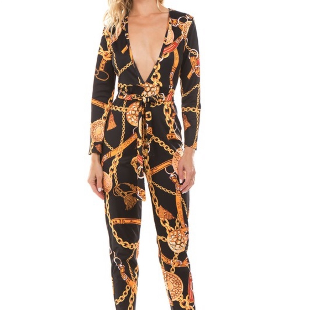 Black Gold Chain Print Jumpsuit Jumper Outfit - Picture 4 of 6